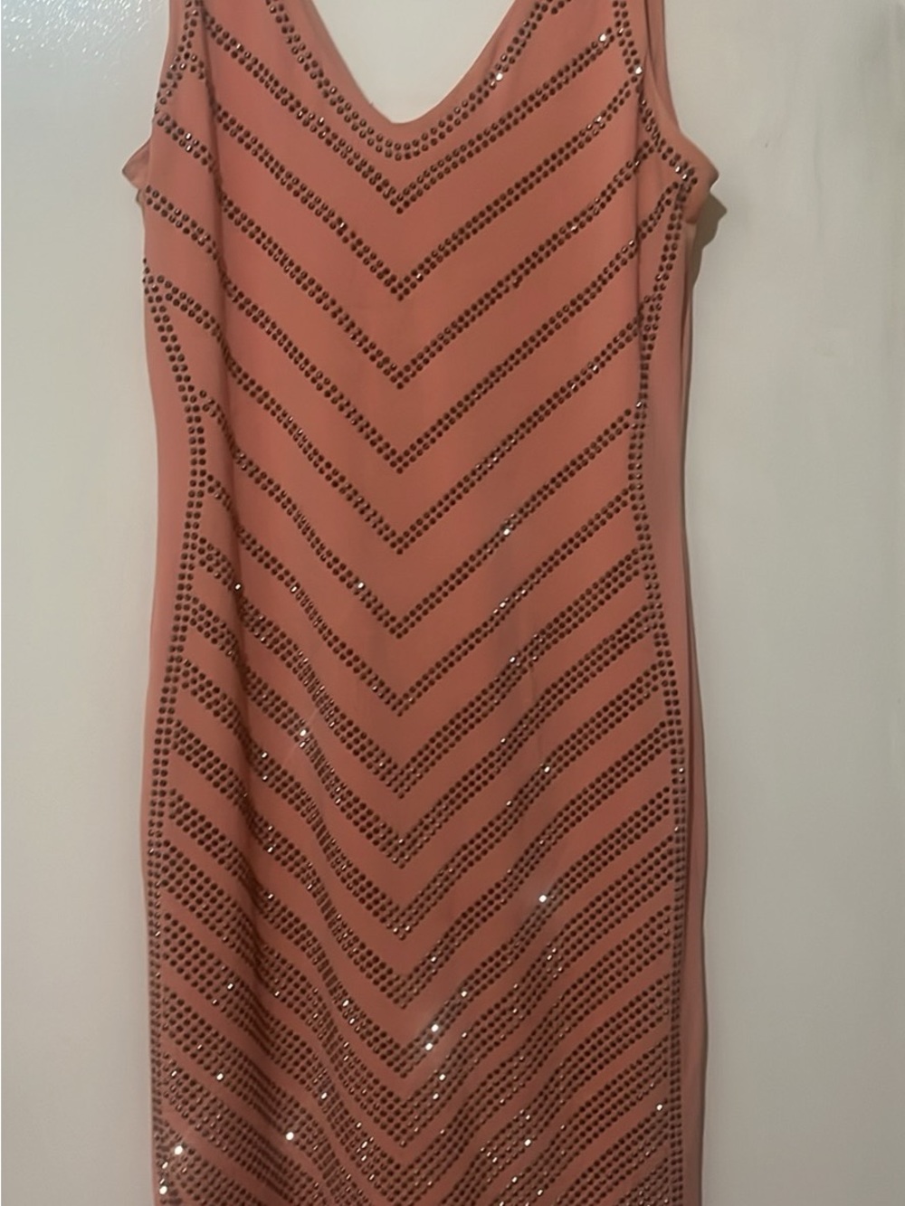 Carmen Marc Valvo Blush Pink Beaded Chevron Midi Dress